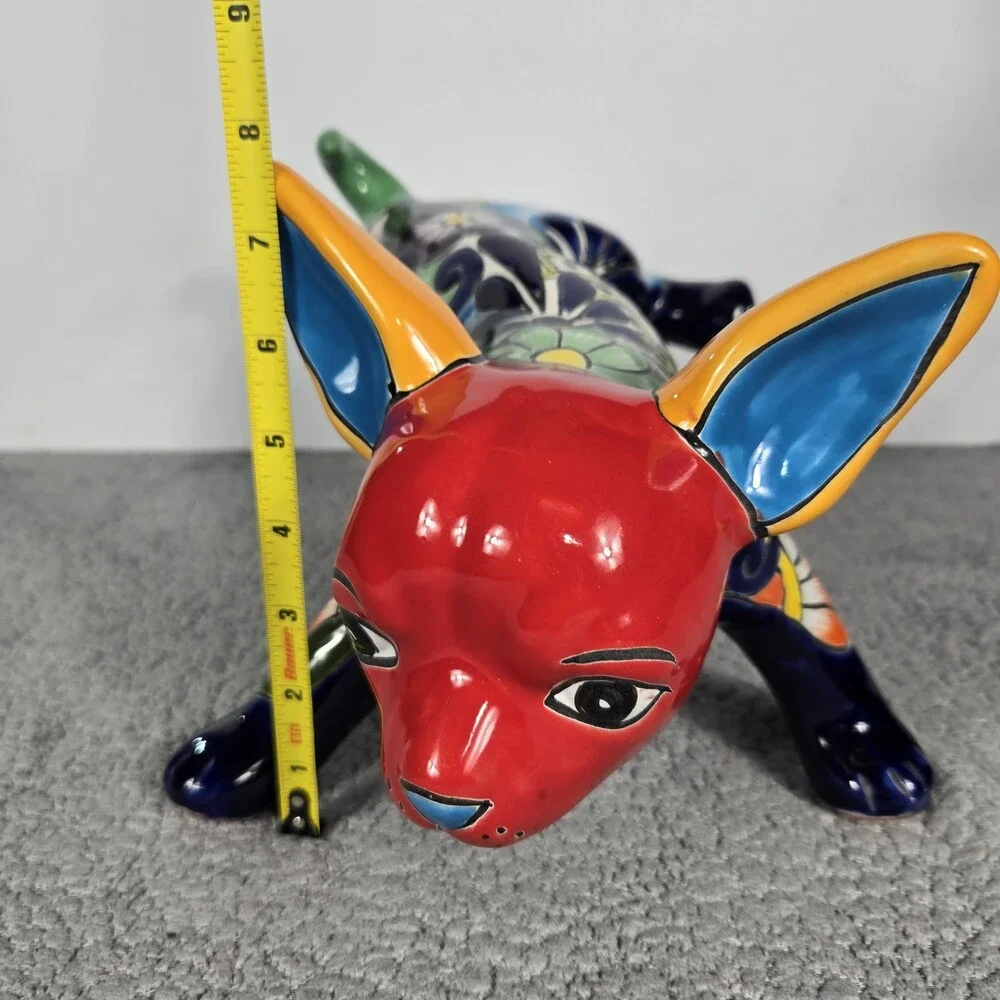 Talavera Peeing Chihuahua Mexican Pottery Art Hand Painted 8 x 9 X 12 In